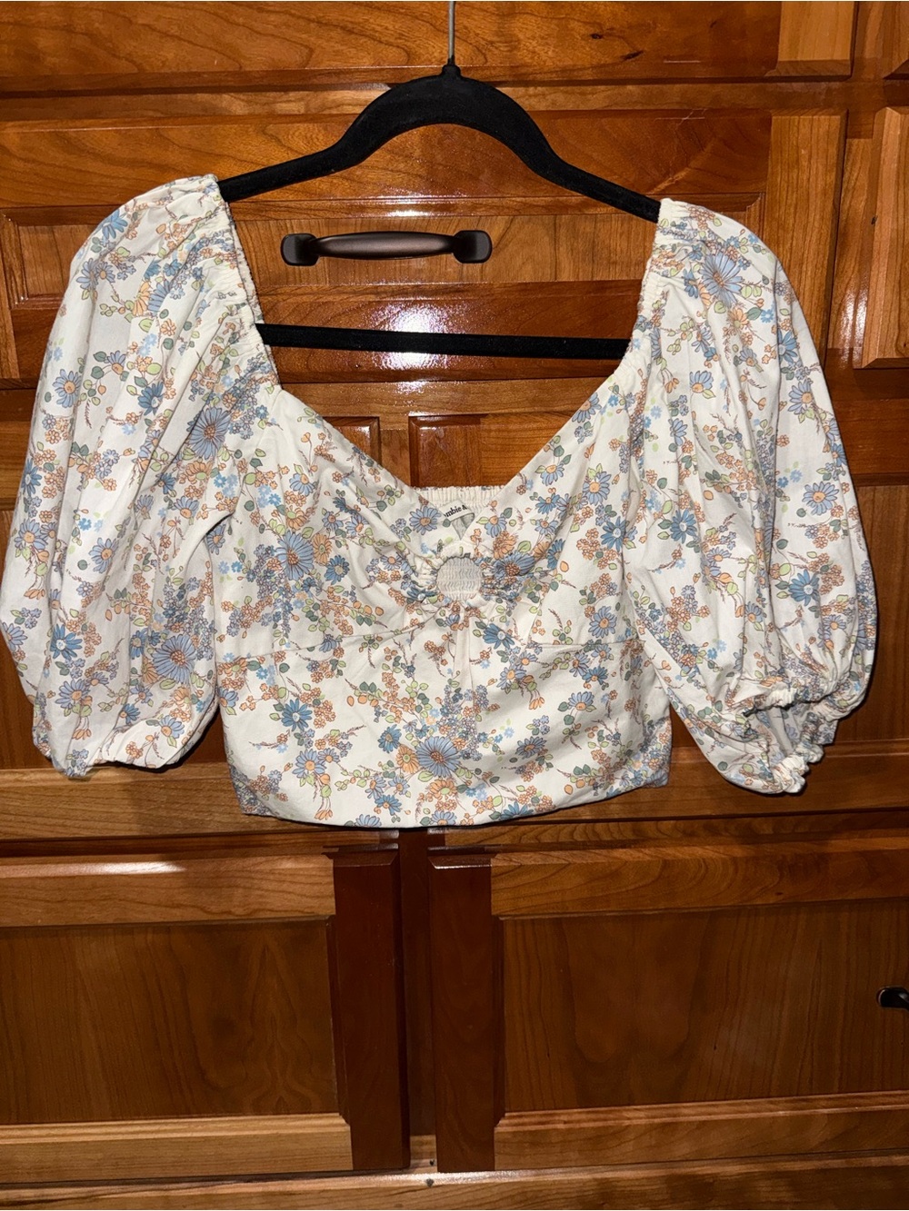 Abercrombie & Fitch Cream Floral Puff-Sleeve Crop Top with Blue and Tan Accents